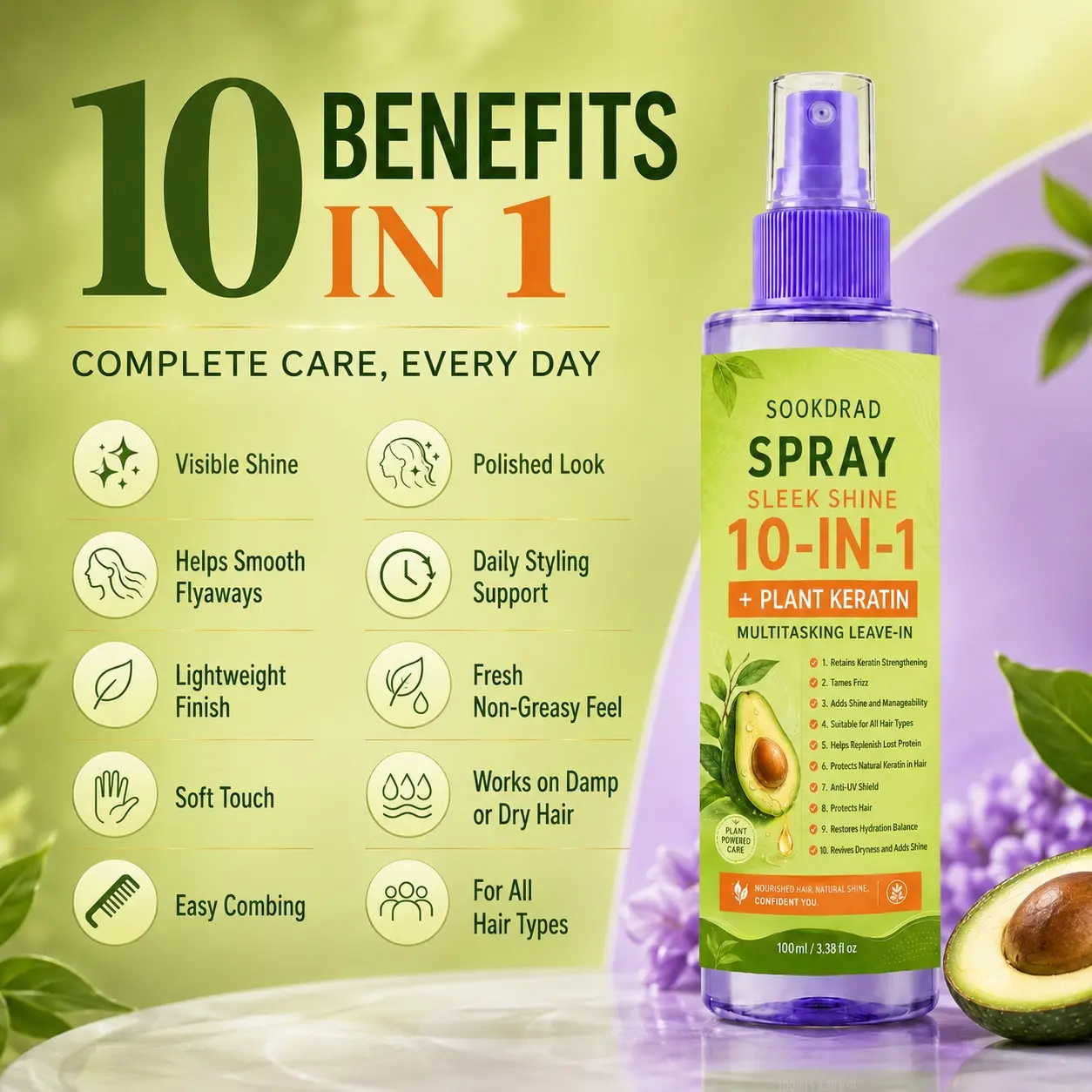 10-in-1 Multitasking Leave-In Spray, with Plant Keratin, Sleek Shine, anti-frizz, adds manageability, adds shine, suitable for all hair types, retains keratin strengthening, replenishes lost protein,