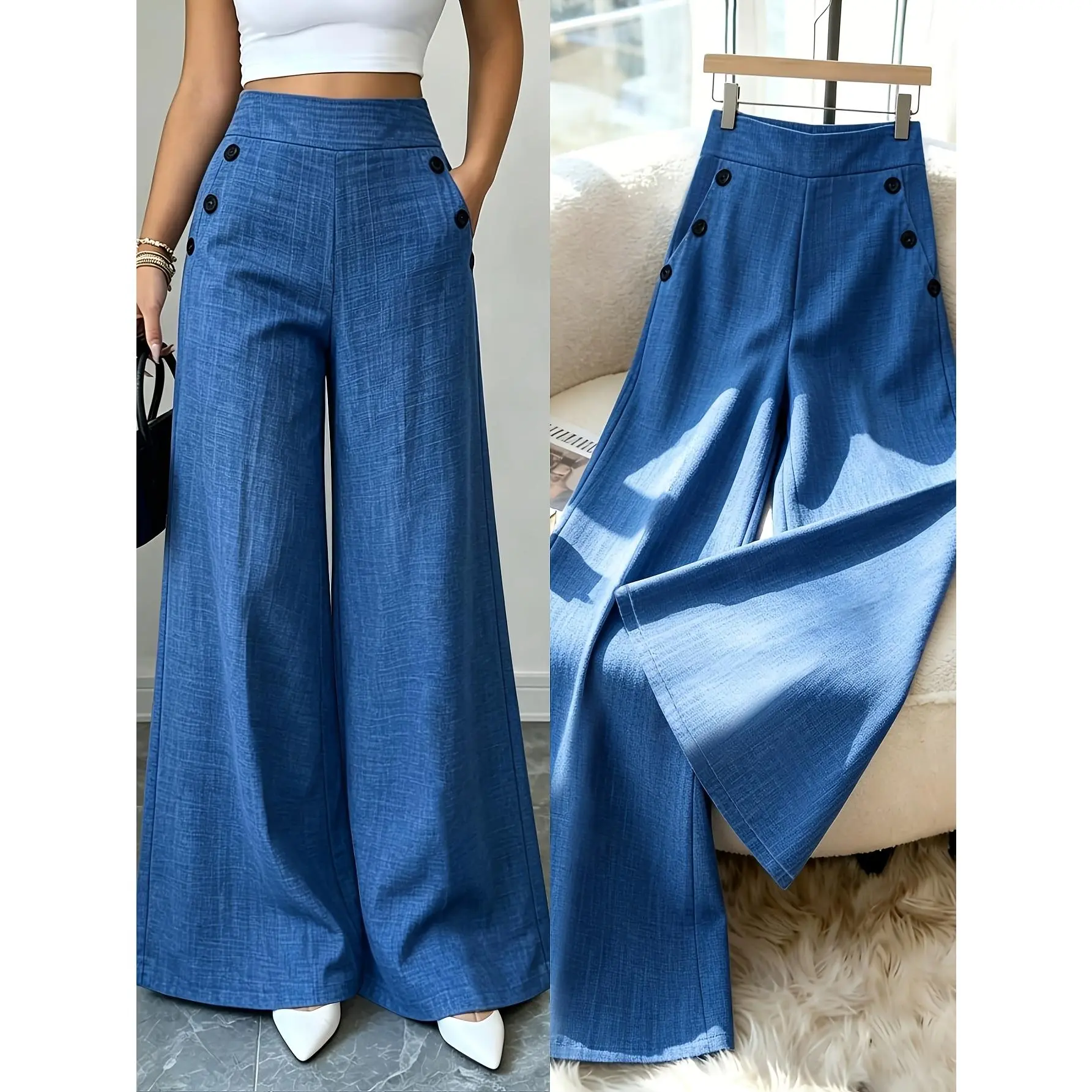 Women'S Ele Fashion Easy Casual Solid Color Trousers, High-Waist Straight Loose Casual Women'S Pants, Button-Decorated Pocket Design Wide-Leg Trousers, Commuting, Casual, Formal, Daily Wear, All-Season Style [Gavin]