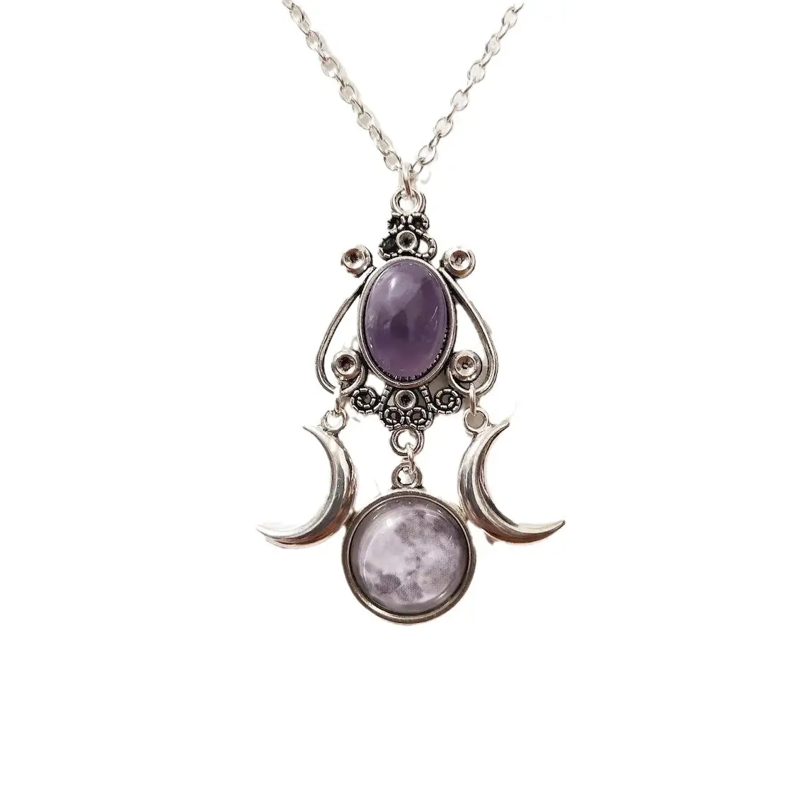 Triple Moon Goddess Necklace – Amethyst Jewelry – Vintage, Creative, and Unique Style