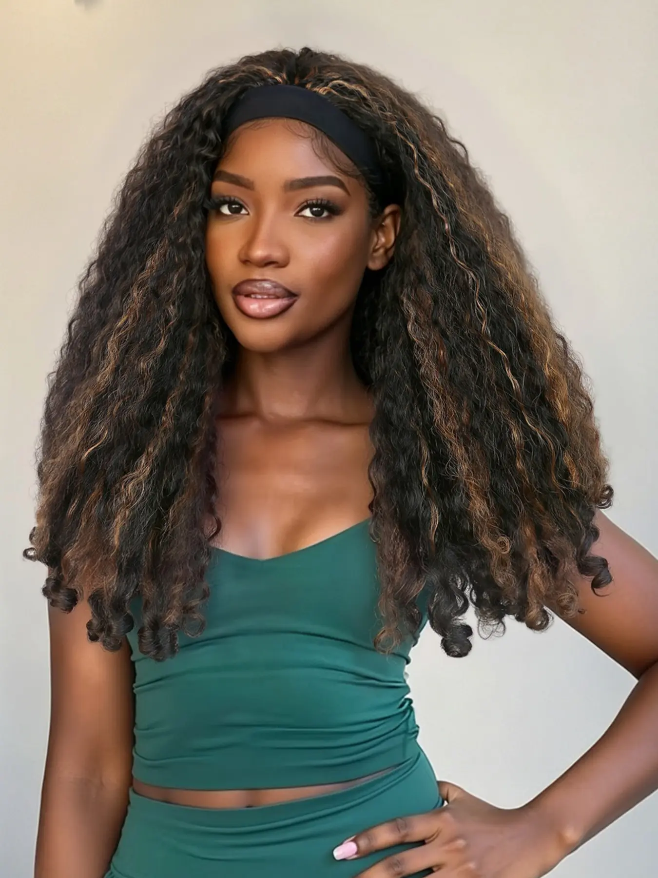 Yaki Curly Headband Wigs for Women, 24inch Afro Curly Synthetic Braided Hair, Glueless Kinky Curly Wig, Mix with Bouncy Curls