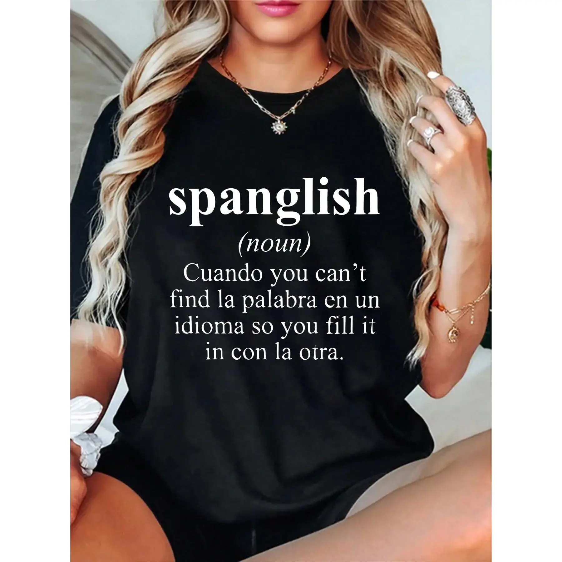 Women's Sports Casual Spanglish Slogan Graphic T-Shirt - Soft Stretch Polyester Round Neck Short-Sleeve Normal Type Regular Fit, All-Over Print Christmas Home Wear, Machine Washable (Do Not Dry Clean)