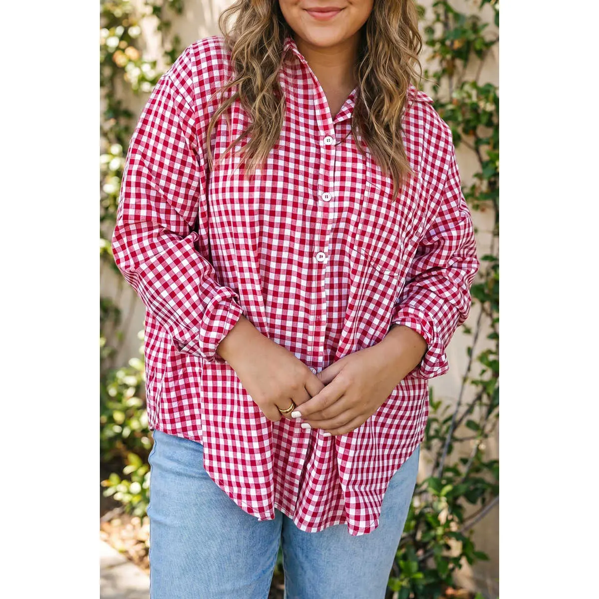 Women's Checkered V-Neck Long-Sleeve Comfortable Tunic Top, Loose-Fit Plus-Size Button-Front Blouse for Everyday Wear, Longsleeves