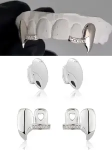 4pcs/set Stylish Symmetry Drill Cz Micro Pave Teeth Grillz, 18k Plated, Top & Bottom, Hip Hop Party Dental Accessory for Men & Women