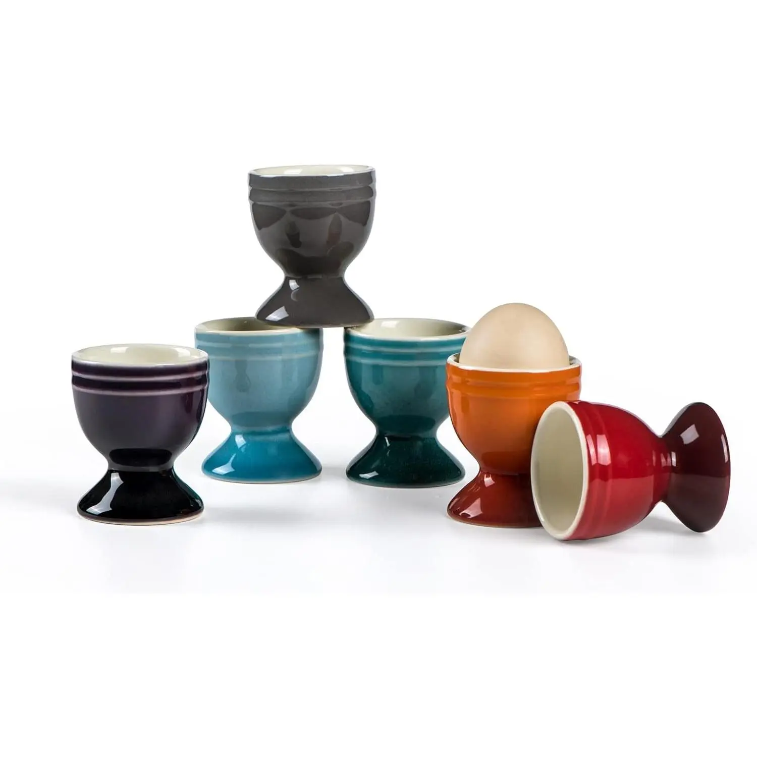 Ceramic Egg Cups, Porcelain Colorful Egg Cup Set of 6, Stand Holder for Soft Boiled Eggs, Microwave & Dishwasher Safe (Set A)
