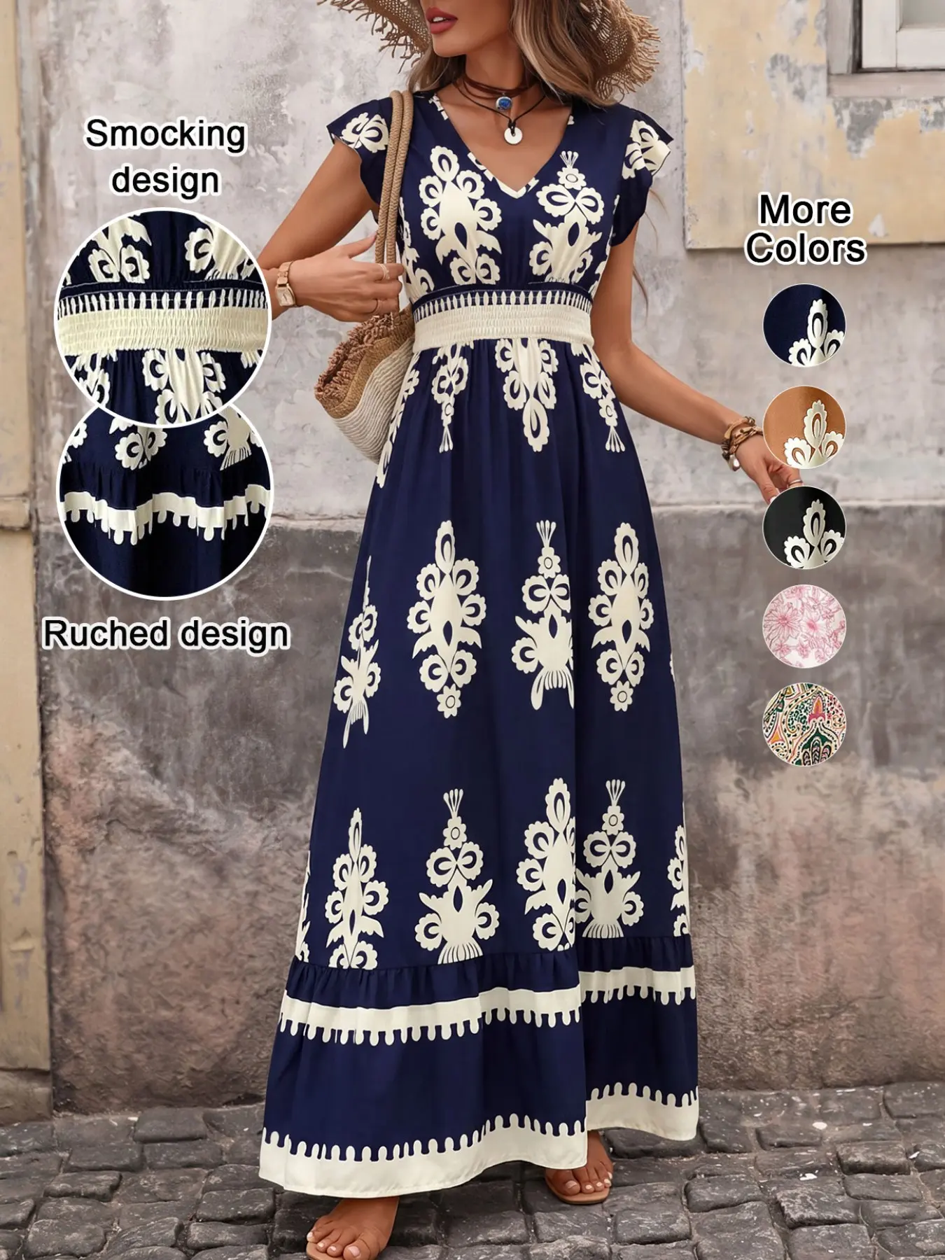 Women's V Neck Ruffle Hem A-Line Dress, Ruffled, Elegant Aesthetic All over Print, Elastic Waist, Moderate Fabric, Casual Vacation Wear