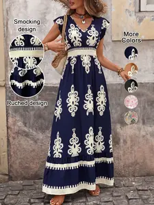 Women's V Neck Ruffle Hem A-Line Dress, Elegant Aesthetic All over Print, Elastic Waist, Moderate Fabric, Casual Vacation Wear
