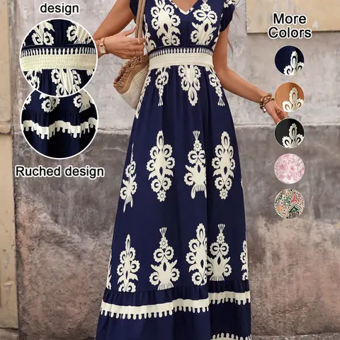 【Black Friday】Women's Bohemian V Neck Ruffle Hem A-Line Dress, Elegant Aesthetic Ethnic Pattern Shirred Dress, Casual Vacation Wear