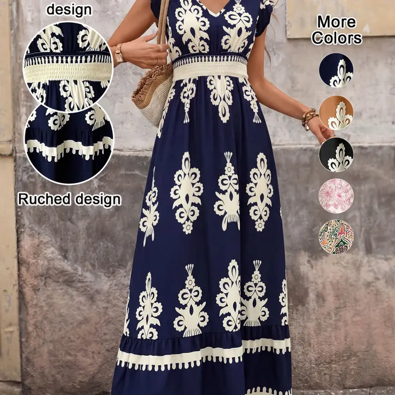 【Black Friday】Women's Bohemian V Neck Ruffle Hem A-Line Dress, Elegant Aesthetic Ethnic Pattern Shirred Dress, Casual Vacation Wear