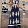 【Black Friday】Women's Bohemian V Neck Ruffle Hem A-Line Dress, Elegant Aesthetic Ethnic Pattern Shirred Dress, Casual Vacation Wear