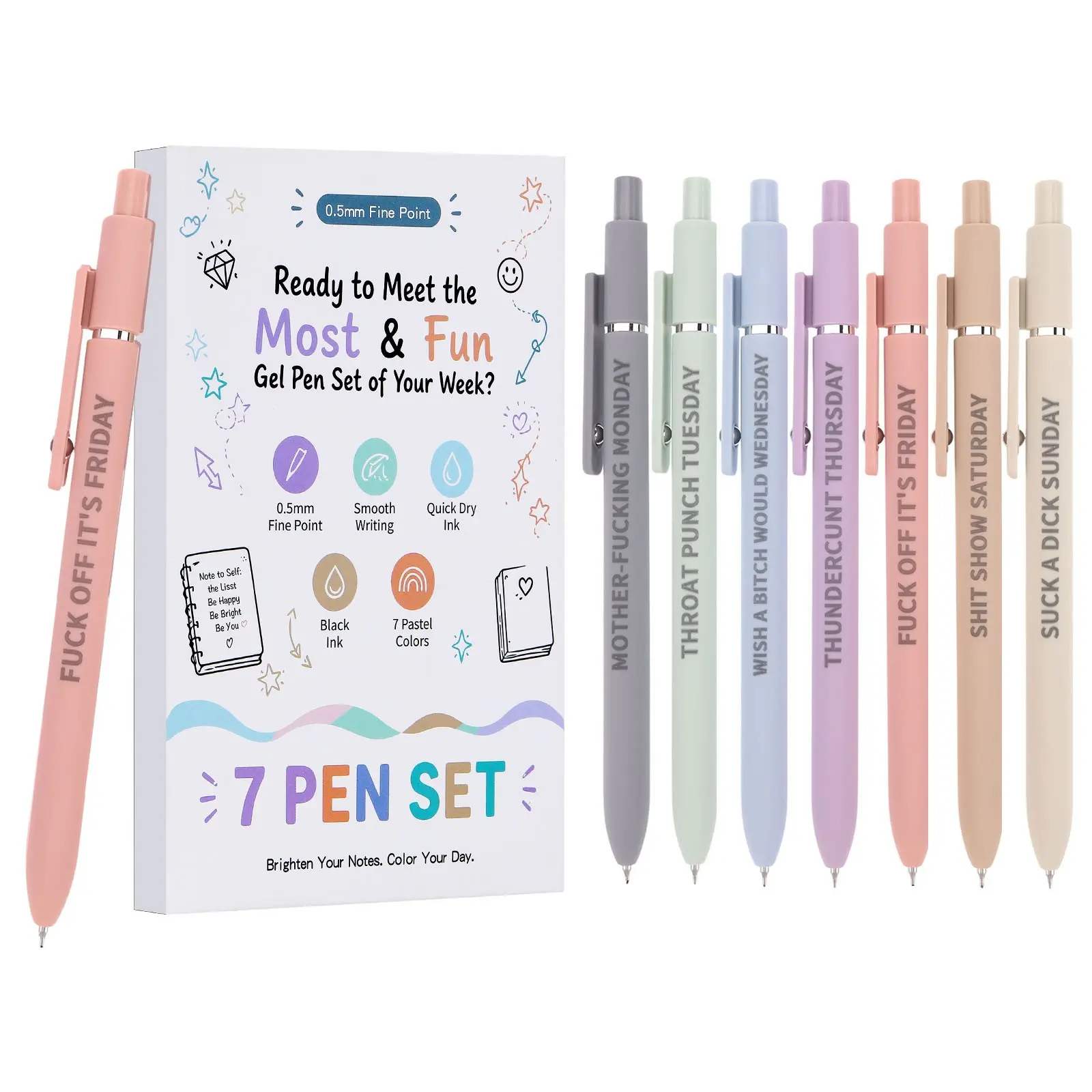Creative Gel Ink Pen, 7pcs Daily Emotional Wording Writing Pens, Smooth Writing Pen, Office Stationery and Supplies