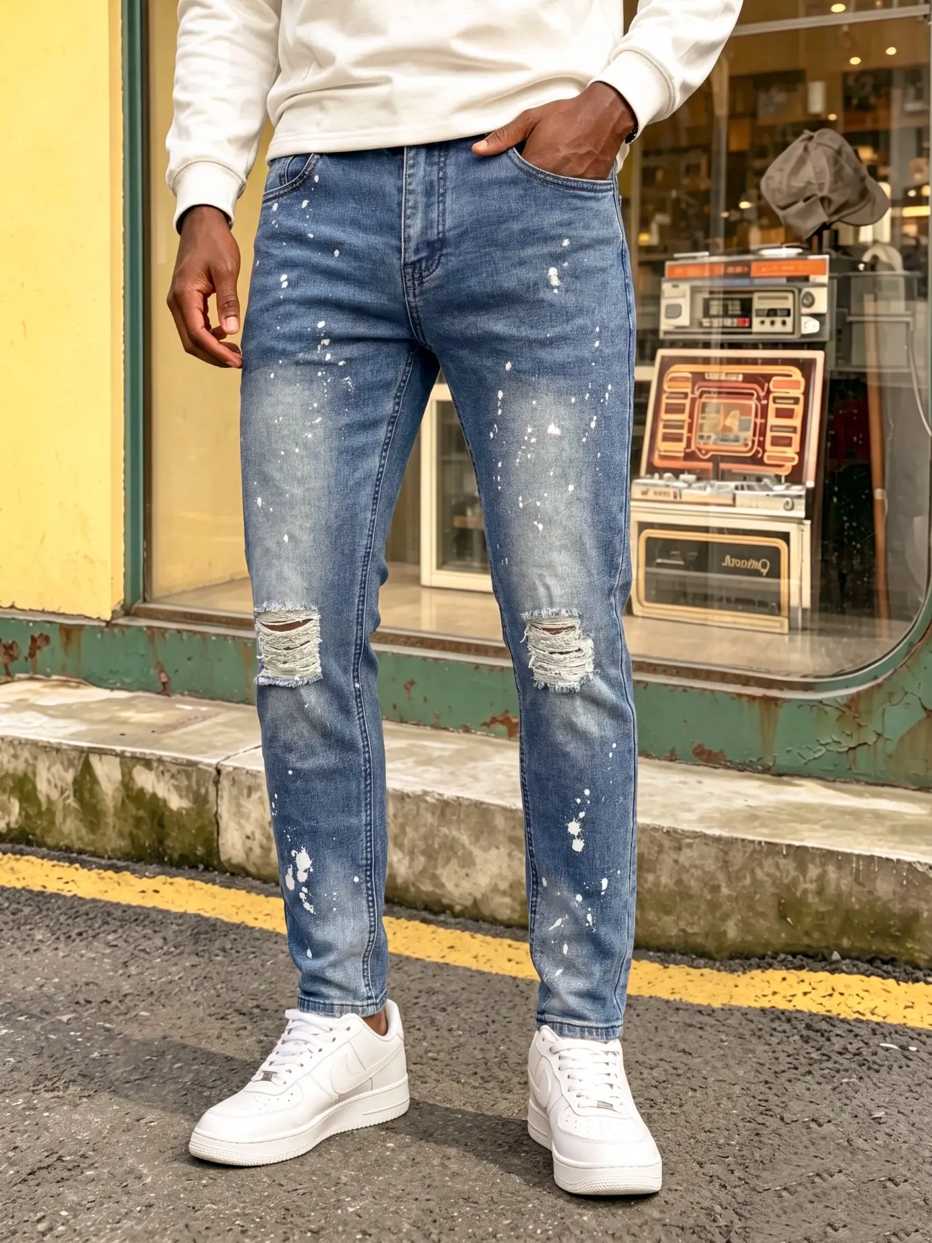 Men's Blue Washed Distressed Ripped Stretch Slim Fit Straight-Leg Denim Jeans, All-Season Long Versatile Streetwear Pants, Comfortable for Everyday Wear, Suitable for Shopping, Going Out, Parties, and as a Gift for Boyfriend or Husband