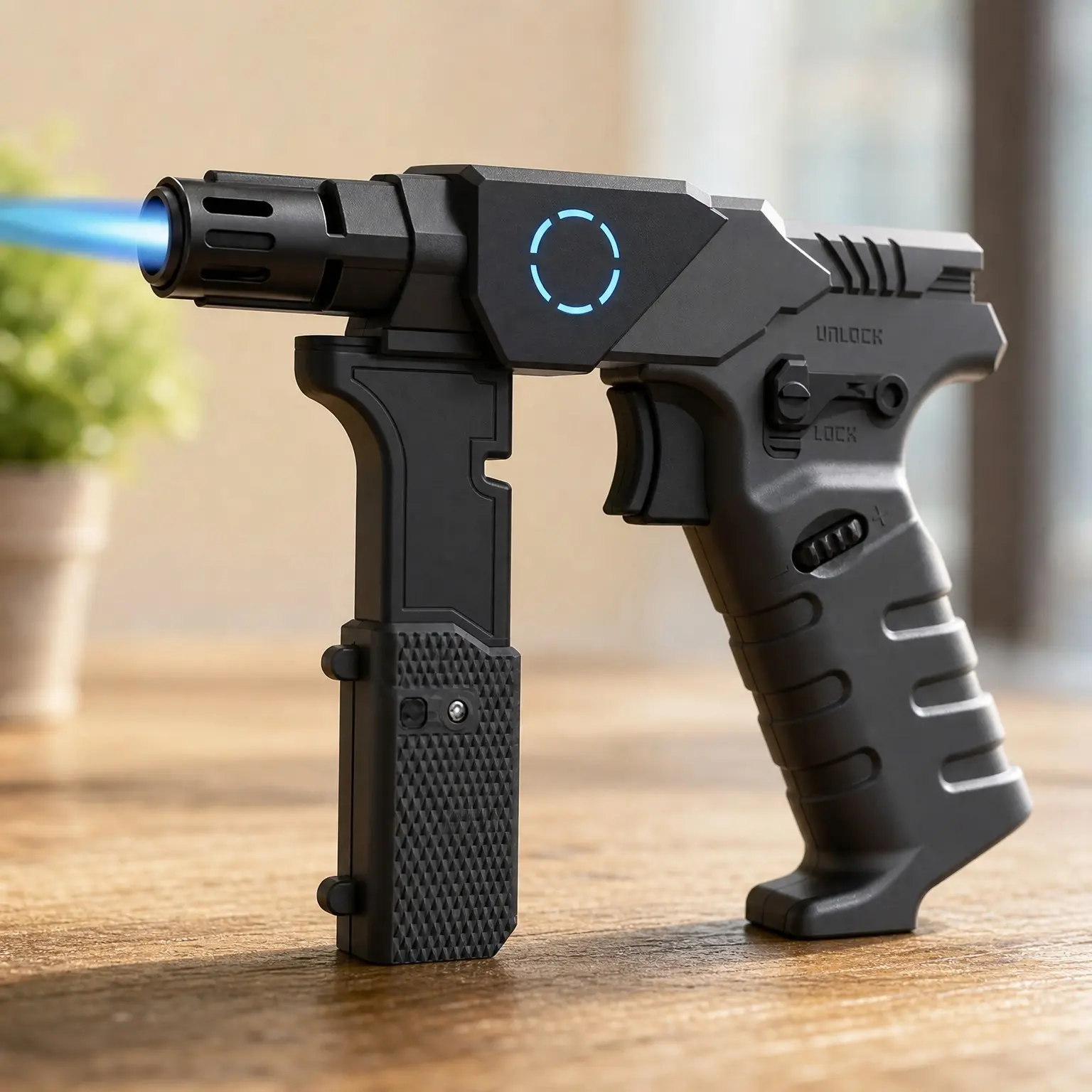 2372°F Butane Torch for Cooking & BBQ with Blue LED Safety Indicator, Pulse Ignition, Foldable Stand and Ergonomic Grip for Stable Hands-Free Operation