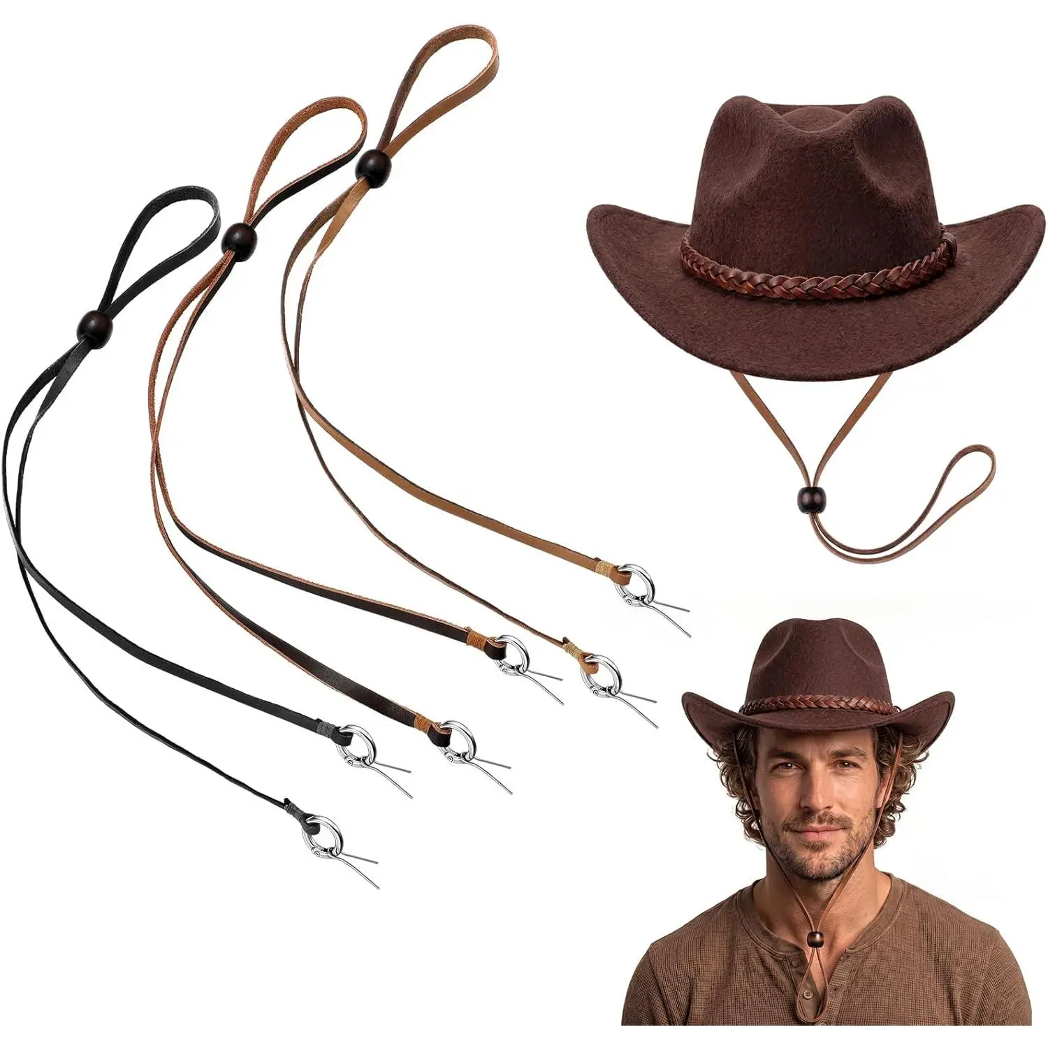 3/6 Pieces Leather Hat Chin Straps for Men and Women Removable Cap Chin Cord Stampede Strings for Cowboy and Sun Hat