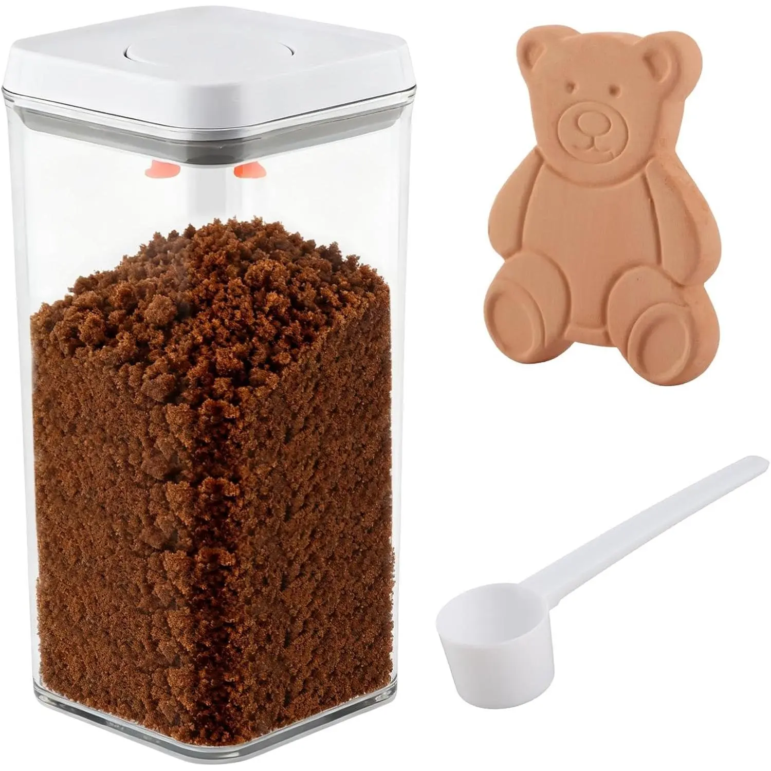 Brown Sugar Keeper, 2.3Qt Airtight Storage Container with Spoon | 2200ml Clear Pantry Jar with Humidifier Stone and Push Button Lid for Brown Sugar, Baking Supplies and Dry