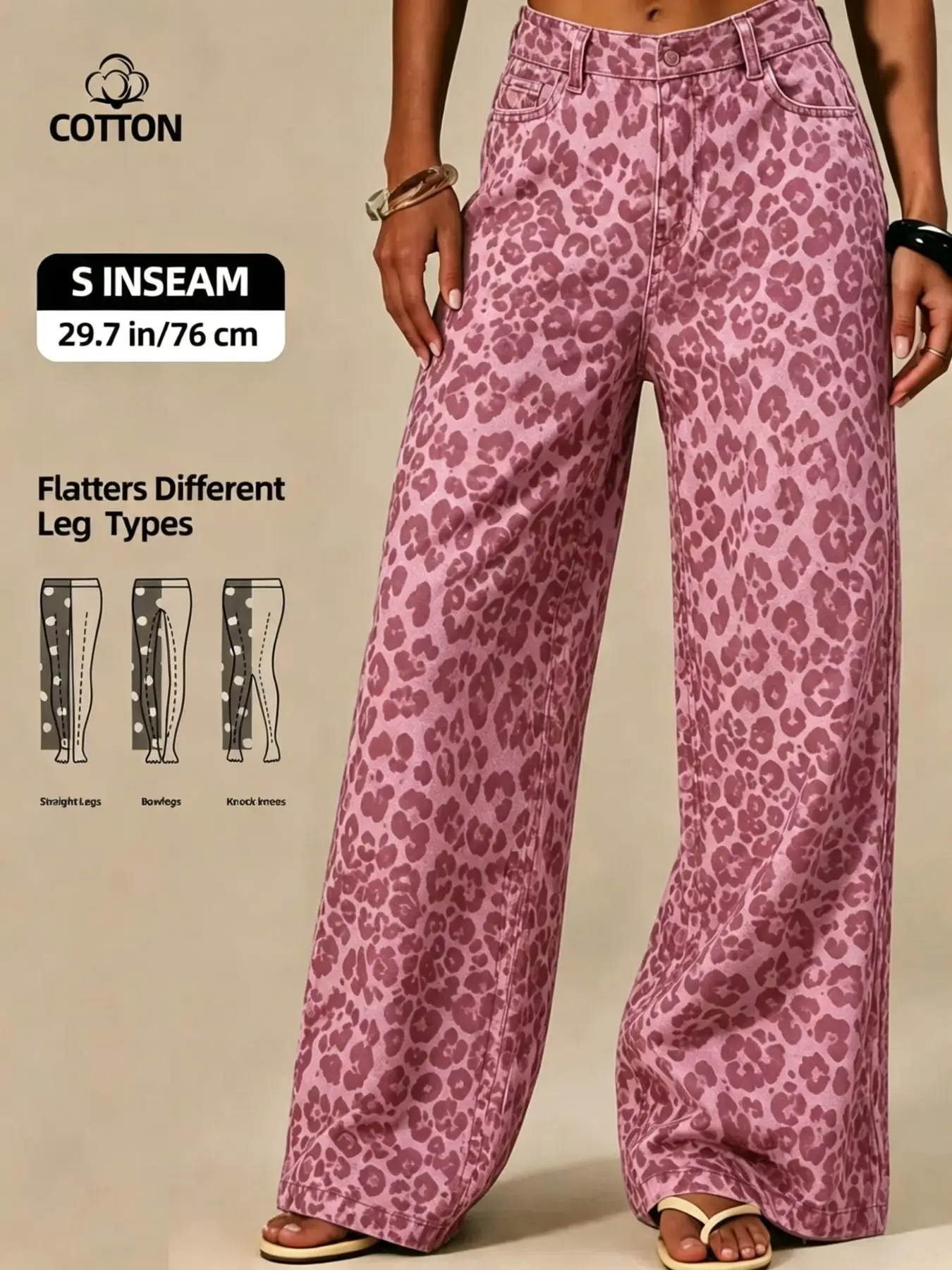 2026 Fall Women's Casual Elegant Leopard Print Straight Leg Jeans, Bohemian Style, Loose Fit, All Seasons, Daily Wear, No Belt Included