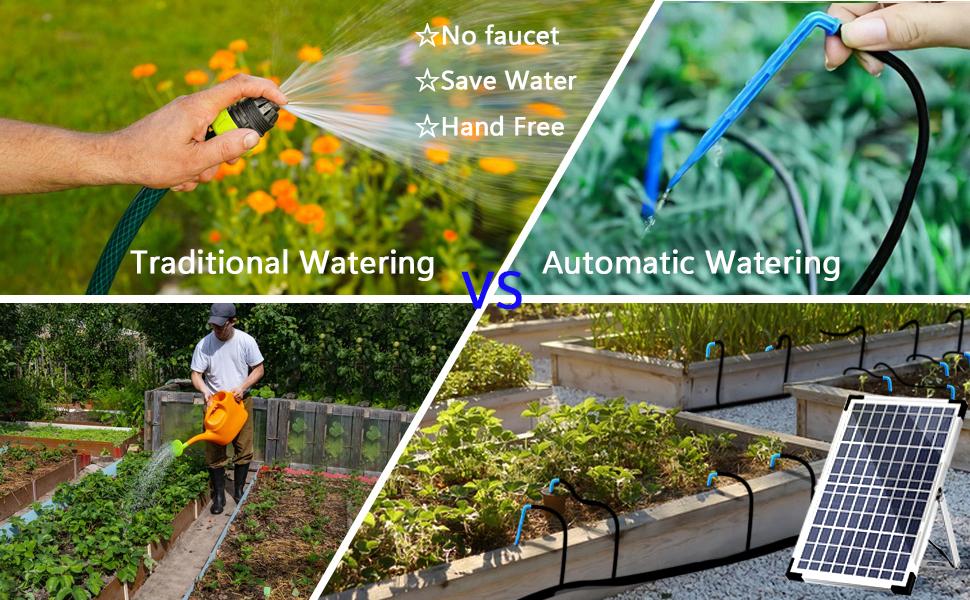 10W Drip Irrigation Kit Auto System Powered Auto-Irrigation Set for Raised Beds Lawn Greenhouse Potted Plants Up to 50 Plants