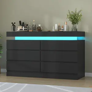 White/ Black 6 Drawer Dresser For Bedroom With Power Outlet, Dresser With LED Light, Modern Chest Of Drawers For Closet, Double Wide Drawer Organizer Cabinet For Bedroom, Living Room, Entryway, Hallway