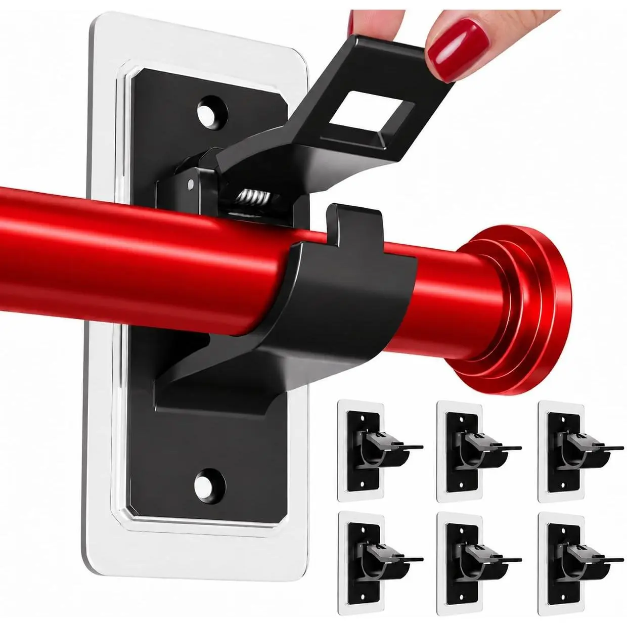 (6 Pack) Heavy Duty No Drill Self Adhesive Curtain Rod Brackets Black