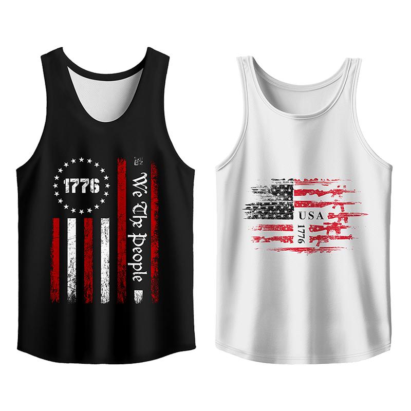 Y2K 2 Pack USA Flag Graphic Tees, Menswear Tank Top Slim Fit Apparel, Big and Tall Gym Workout Running Tee, Comfy Casual Sleeveless
