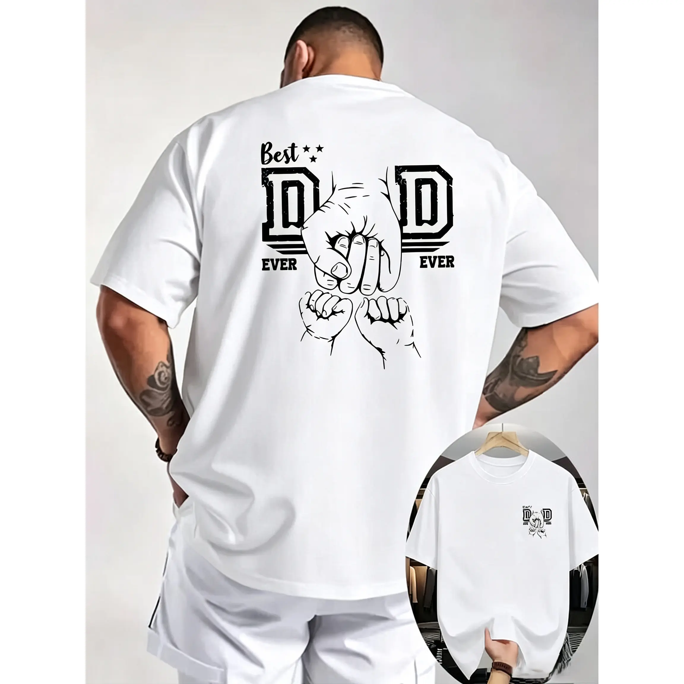 Best DAD EVER Father-Holds-Child Hand-in-Hand Pattern Double-Sided Print Men's T-Shirt, Fatherly Affection Style, Comfortable and Versatile Top, Suitable for Daily Outdoor Gatherings, Gym Workouts, and Running Apparel cotton graphic tee trendy streetwear