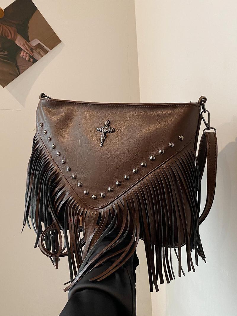 Women's Street Style Vintage Cross Design Crossbody Bag, Chic Crossbody Purse, Trendy Tassel Design Plain Color Crossbody Bag, Chic All-match Crossbody Bag for Daily & Work Use, Vintage Shoulder Bag