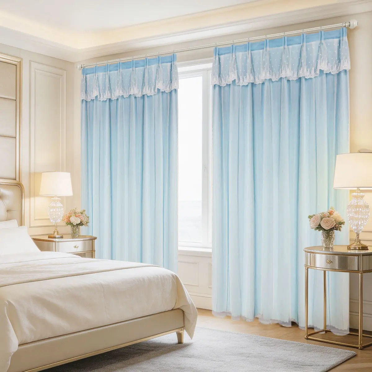 2pcs Light Blue Double Layer Lace Curtain, Japanese Minimalist Style, Lightweight Sheer Fabric, Roman Rod, Ideal for Boys' Room, Gaming Room, Balcony, Window Curtains