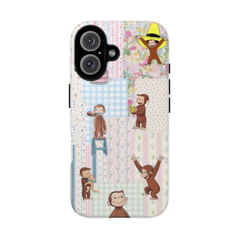 Cute Cartoon Monkey Tough Phone Case, Curious Georgeee, Fun Pink Animal Design Protective Phone Cover for Girls & Kids, Protective Cover, Pink Tone Case iPhone 17 Air 16 Promax 15 Plus 14 13 12 11.MFL22