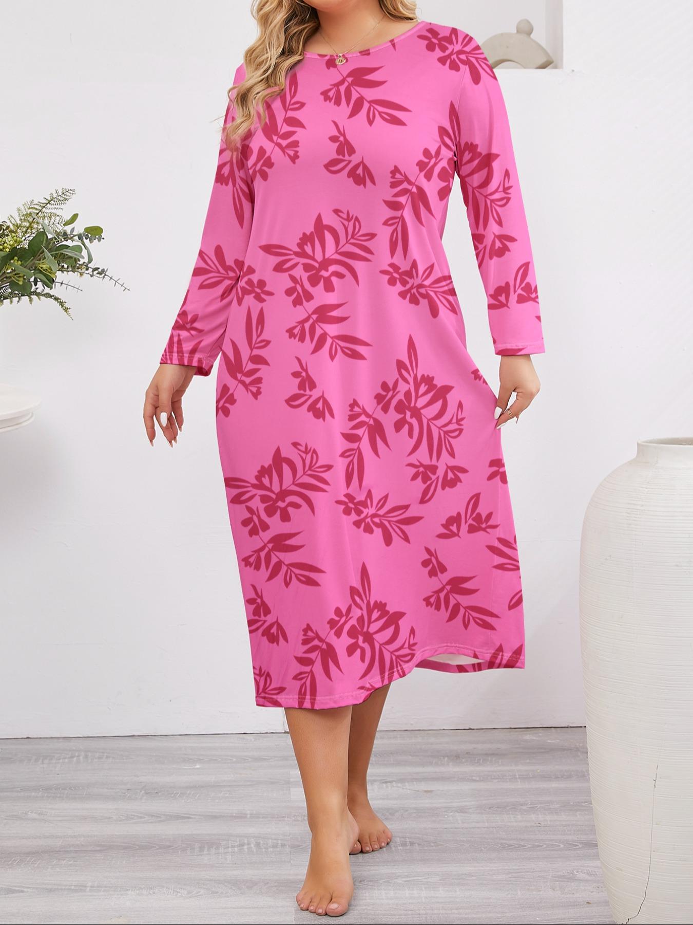 Plus Size All Over Print Round Neck Nightdress, Casual Long Sleeve Nightgown, Women's Sleepwear for Spring & Fall