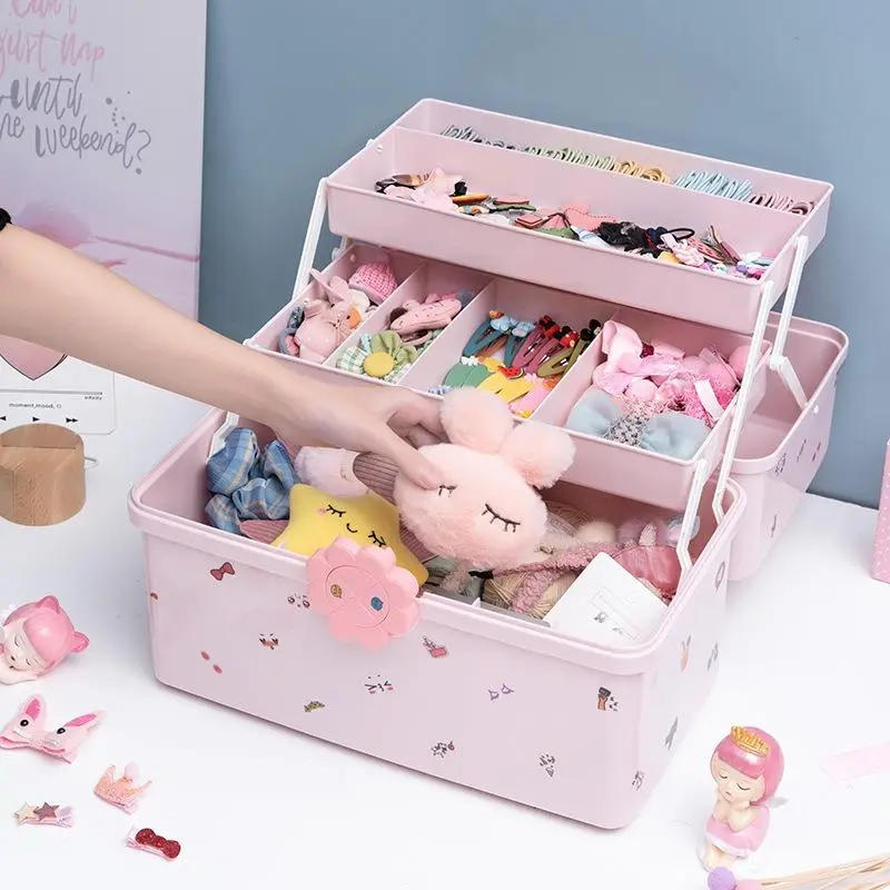 Cute 3-Layers Lockable Hair Accessories Organizer for Girls Folding Plastic Craft Storage Container with Handle Pink Jewelry Box for Headband Hair Clip Scrunchie Cosmetic Sewing Toy Washi Tape & Baby Girl Supplies