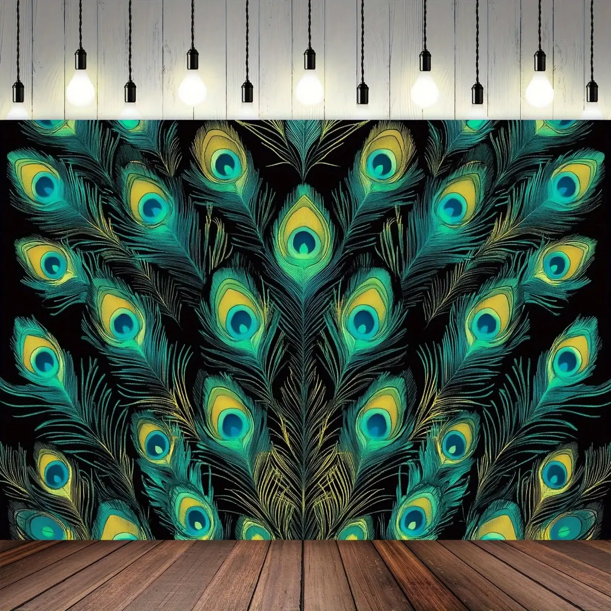 Elegant Green Gold Peacock Feather Synthetic Print Backdrop Banner Tapestry - Lightweight Durable Polyester Home Decor Wall Hanging, Cold & Machine Washable, Baby Shower Accent with Playful Touch (Indoor/Outdoor Use)