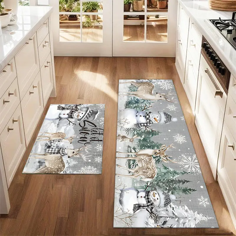 2pcs Christmas Snowman Elk Mat Set Farmhouse Kitchen Carpet Restaurant Floor Laundry Room Decoration Carpet Mat
