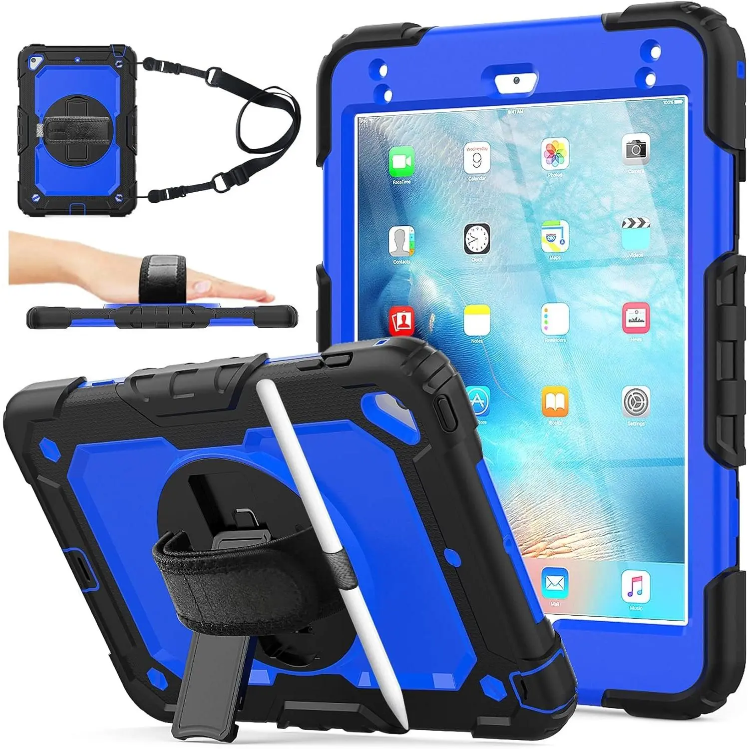 stock Case for iPad mini 5/4 with Screen Protector Pencil Holder [360 Rotating Hand Strap] & Stand, Drop-Proof Case for iPad mini 5th/4th Generation 7.9 inch (Blue+Black)