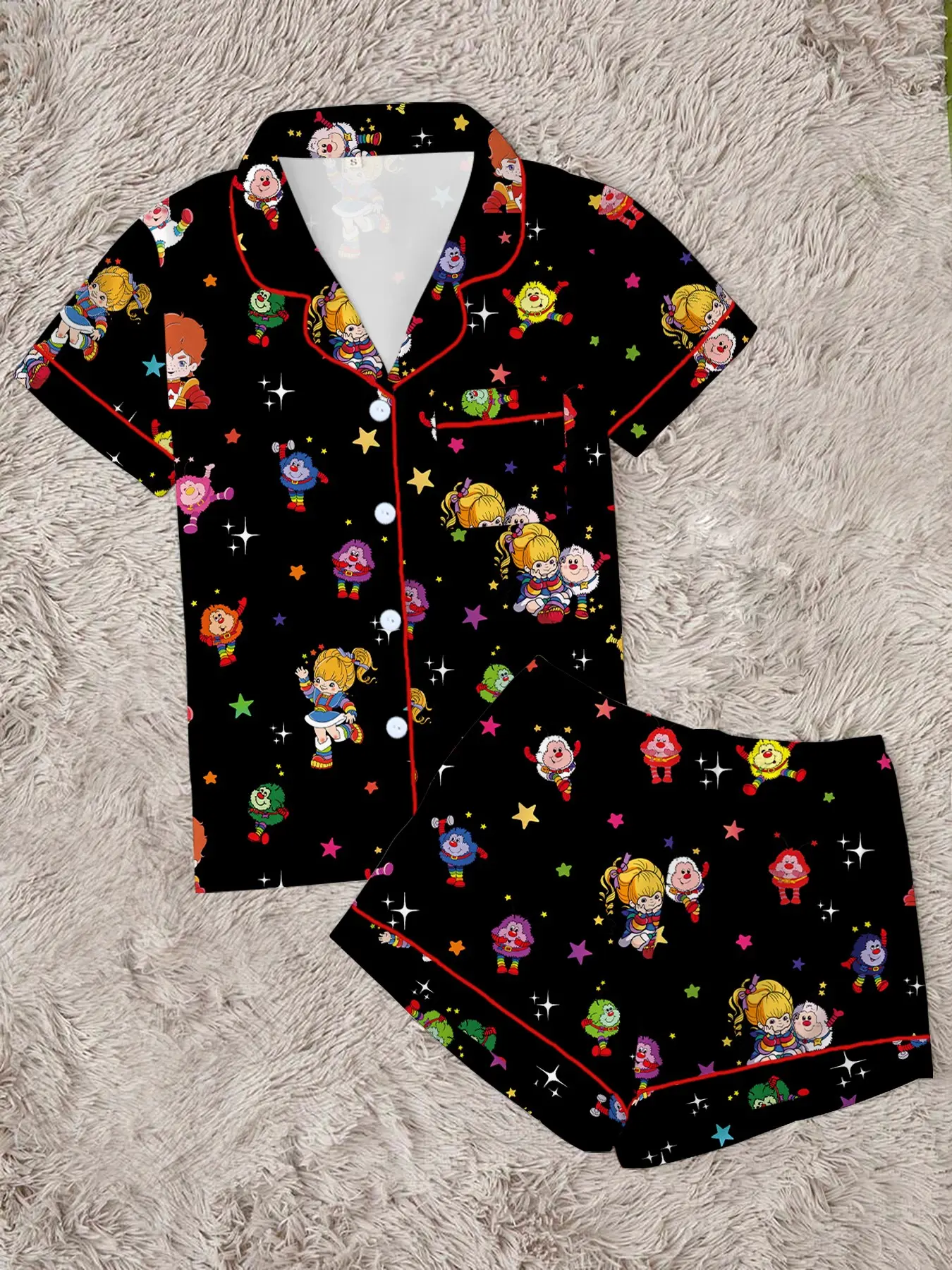 Women's Rainbow Girl Print Pajama Set, Casual Pajamas Outfit, Comfortable Two-Piece Sleepwear, Short Sleeve Button-Up Top and Elastic Shorts, Casual Home Wear