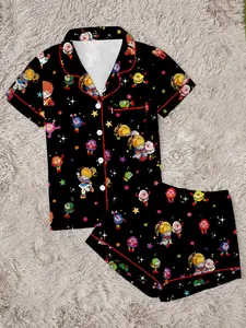 Women's Rainbow Girl Print Pajama Set, Comfortable Two-Piece Sleepwear, Short Sleeve Button-Up Top and Elastic Shorts, Casual Home Wear