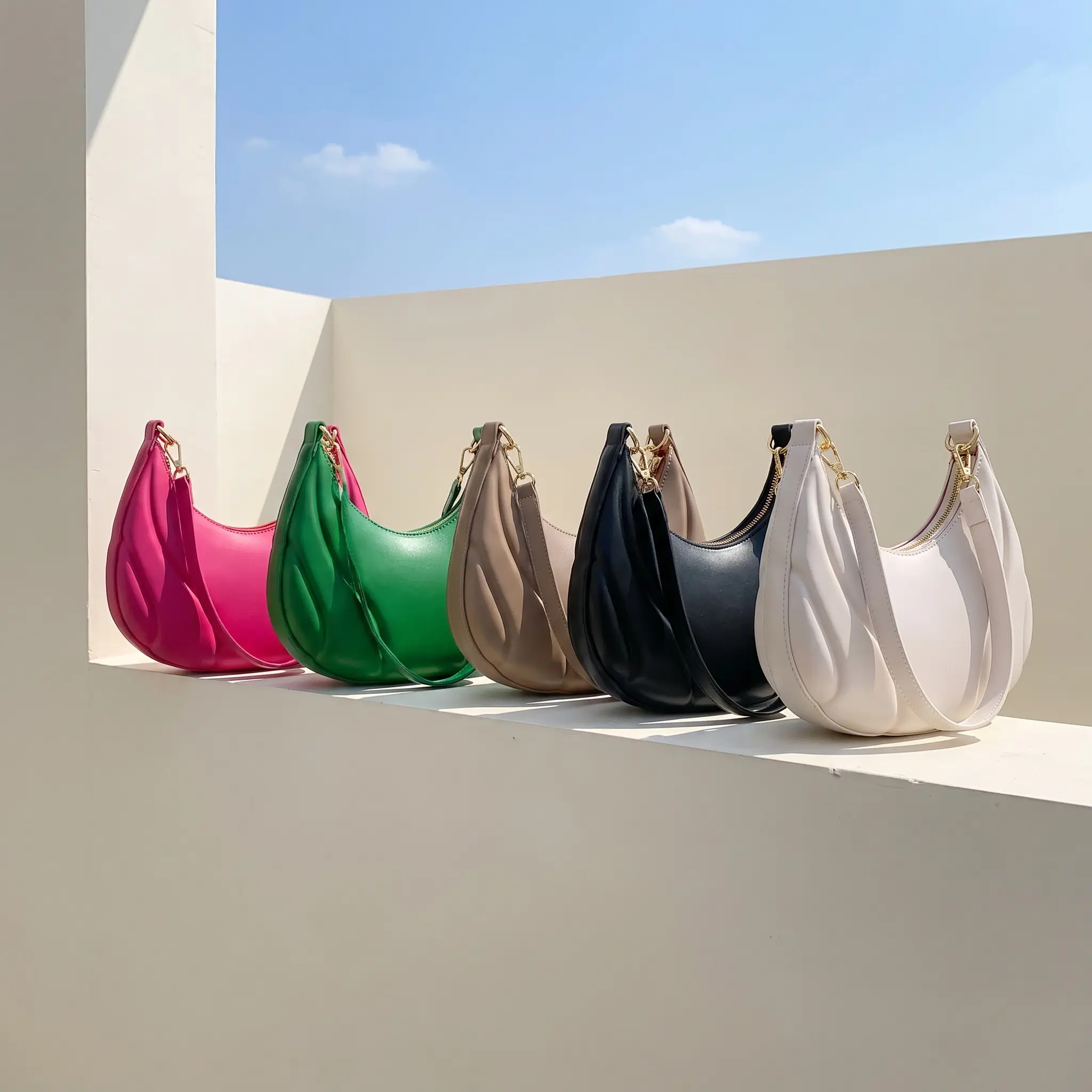 Trendy Crescent Underarm Bag For Women Daily Outfit Small PU Shoulder Handbag Chic Off White Black Rose Red Khaki Green Brown Zipper Closure Medium Firm