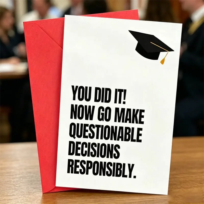 1pc Funny Graduation Greeting Card with Envelope, Witty "You Did It" Quote Graduation Cap Print Card, Lighthearted Sarcastic Congratulation Card for Graduates, Amusing Graduation Party Gift for Friends & Family