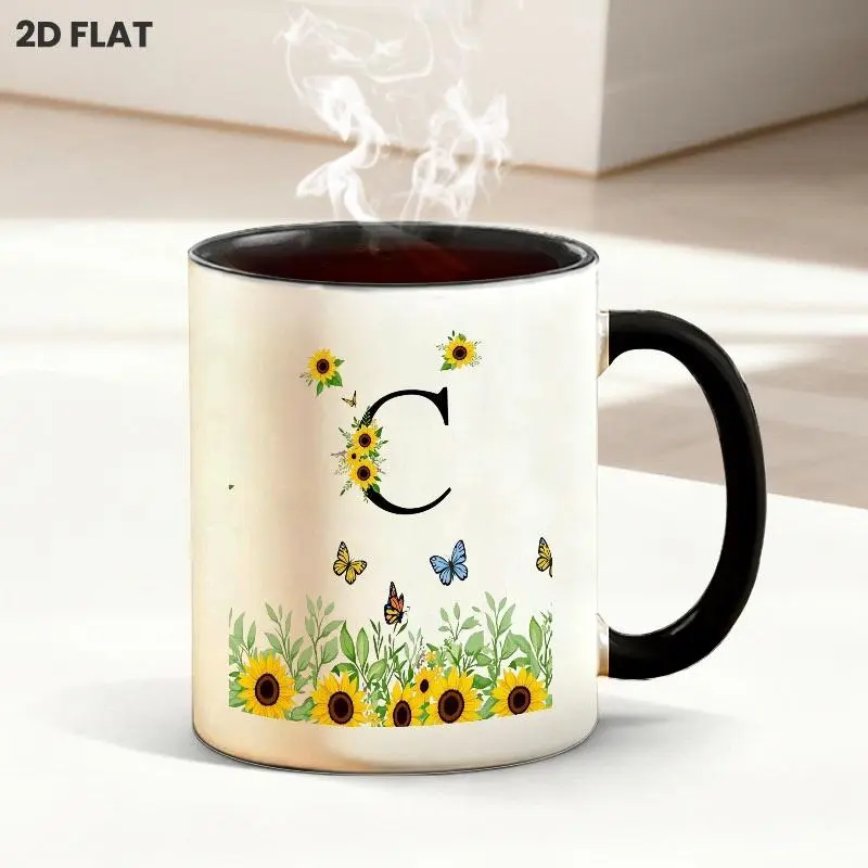 Vibrant Floral Letter C 11oz Ceramic Mug with Sunflower, Butterfly & Green Foliage Print, White Background Bright Cheerful Drinkware, Perfect for Daily Coffee Tea Sips & Home Kitchen Use