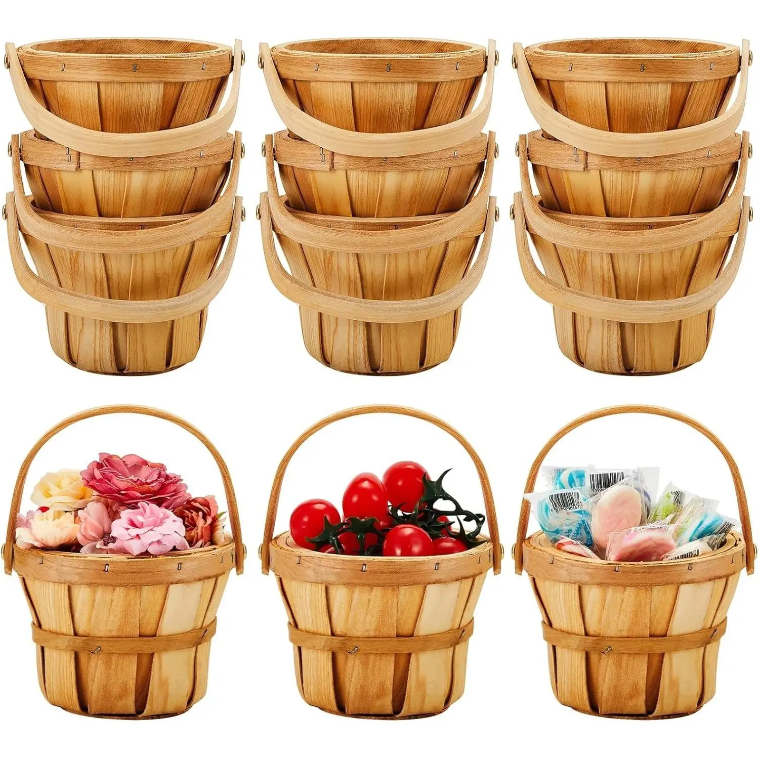 10 Pcs Small Wooden Berry Baskets – 4 x 5.1 Inch Handcrafted Rustic Baskets with Reinforced Handles, for Fruit, Market, Crafts, Gifts, Garden Picking & Decor (Brown)