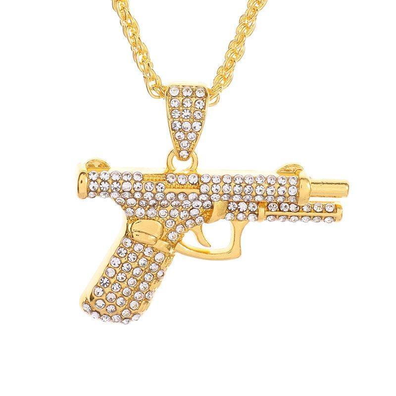Bling Iced-Out Pistol Pendant Necklace for Men, Hip Hop Street Style Jewelry, Rhinestone Inlay Statement Accessory