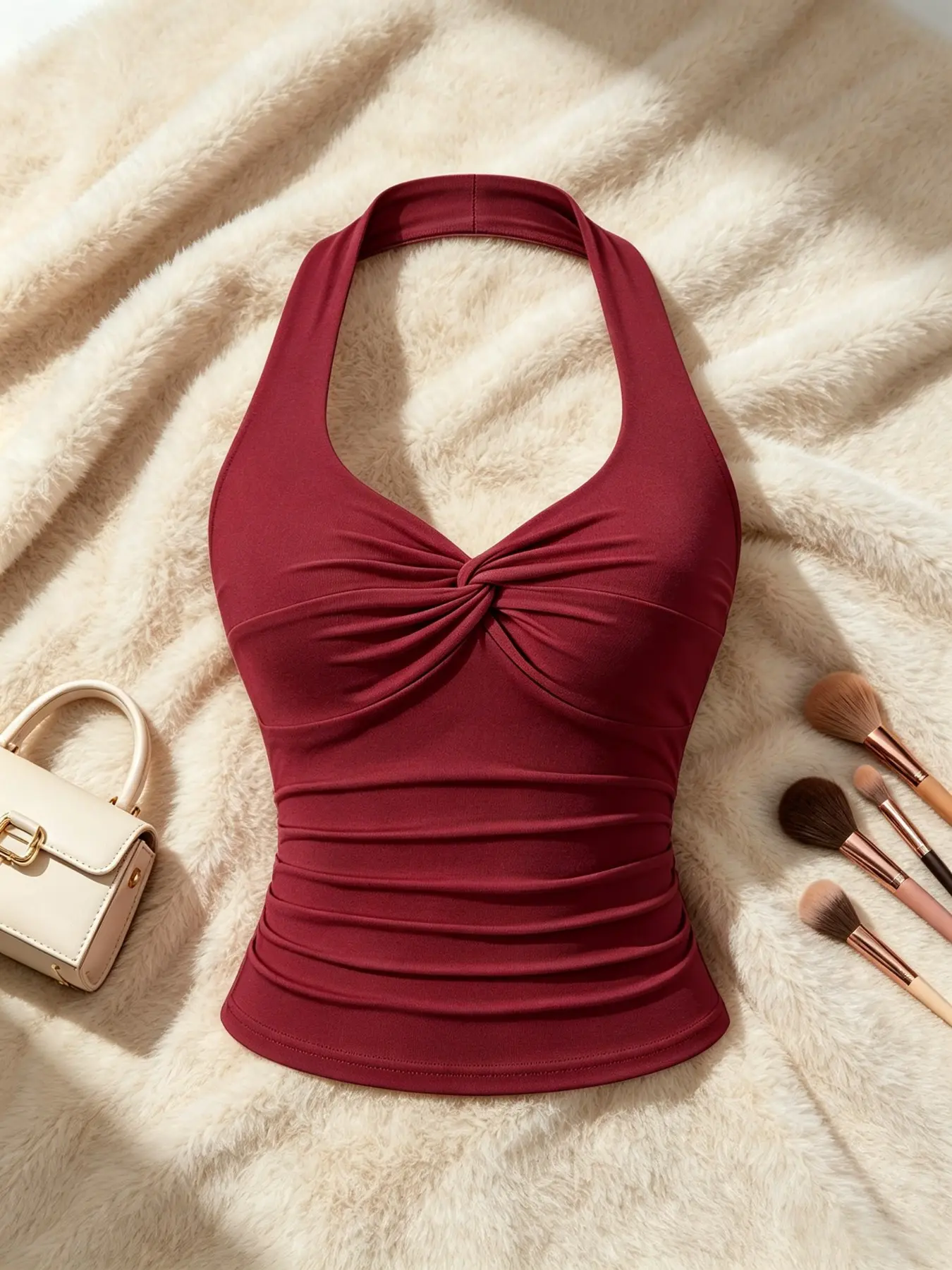 Women's V-Neck Halter Top, Front Knot Design, Sleeveless Ruched Slim Fit, Casual Strapless Tank, Comfortable & Stylish Summer Wear, Casual Sleeveless Tops