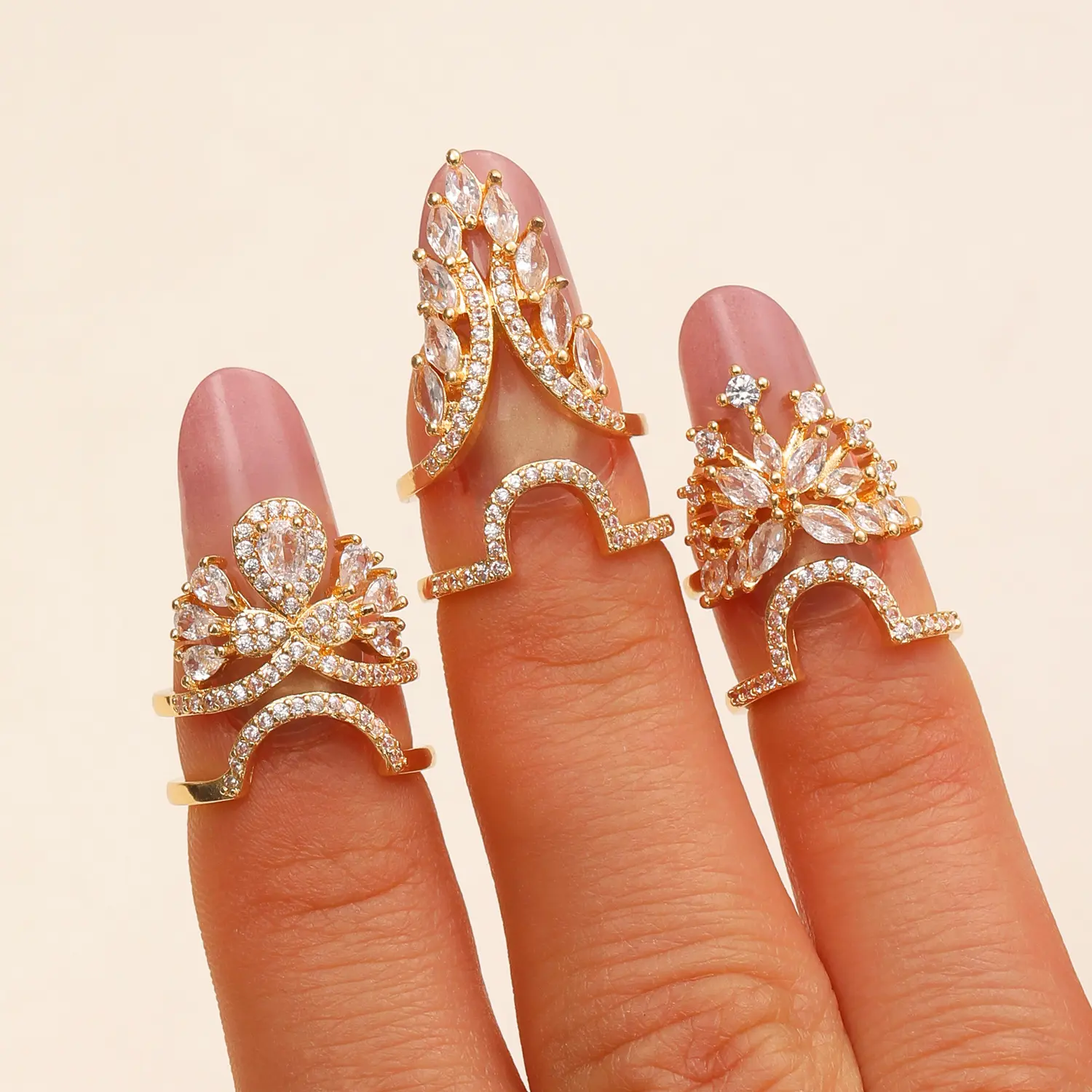 Women's Silver Fingertip Nail Ring Set - Crystal Rhinestone, Crown Tiara, Leaf Design Luxury Finger Armor - Gothic Glam Female Nail Art Accessory, Nail Rings