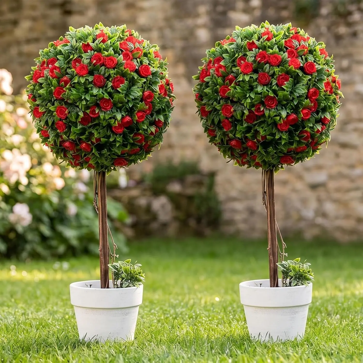 2-Pack 23" Red Topiary Balls with Flowers – Artificial Faux Shrubs in White Planters, Realistic Indoor/Outdoor Decor for Home, Office & Porch