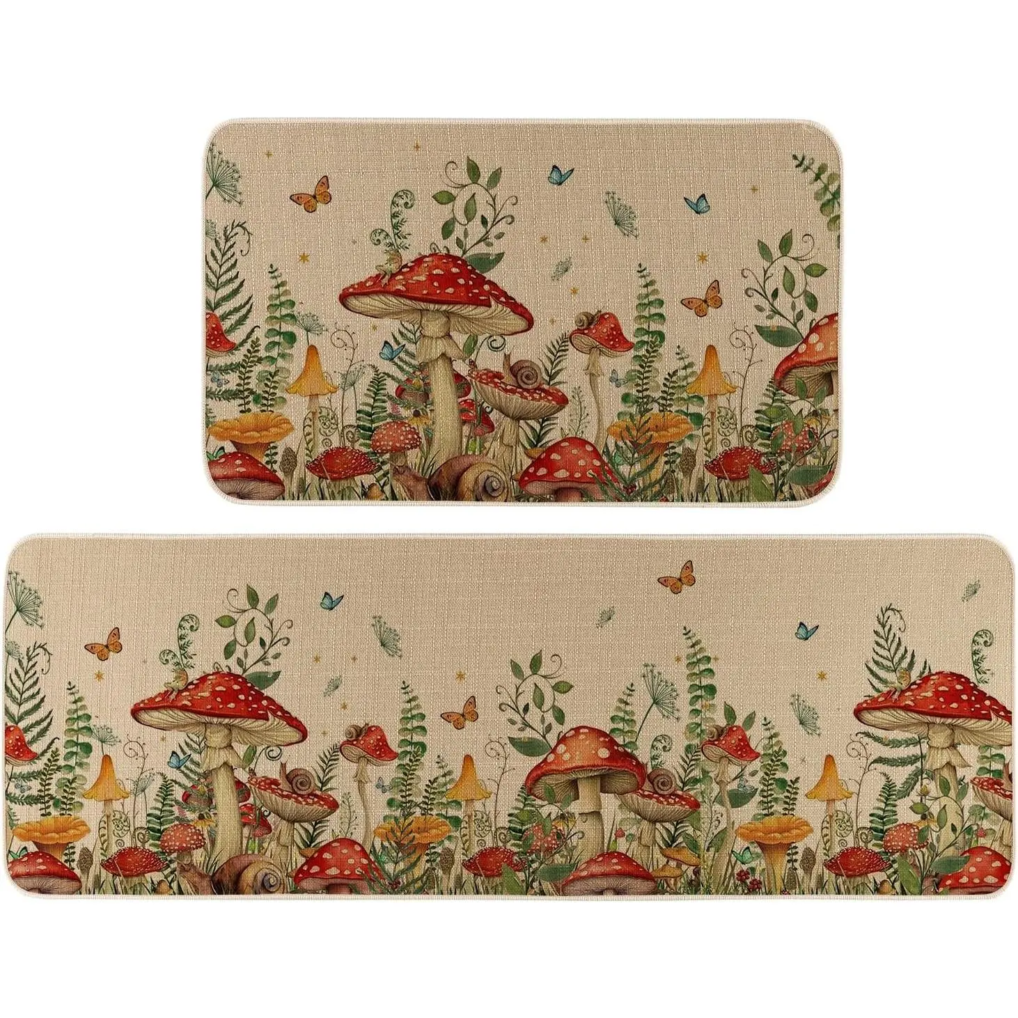 Mushroom Snail Kitchen Rugs Set of 2 17x29 and 17x47 Inch | Spring Summer Home Decor Low-Profile Kitchen Mats for Floor