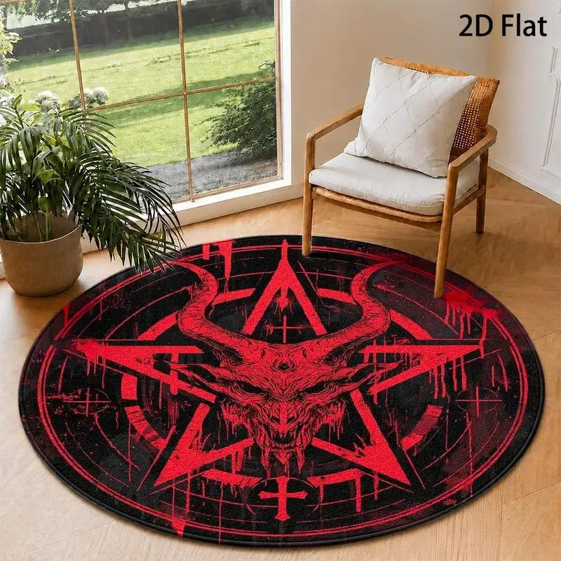 2D Flat Round Rugs, Devil Horns Pentagram Circular Rug, Gothic Horror Theme Design, Dark Occult Style, Halloween Decorative Round Floor Mat, Durable, Easy to Clean, Machine Washable, Large Size Round