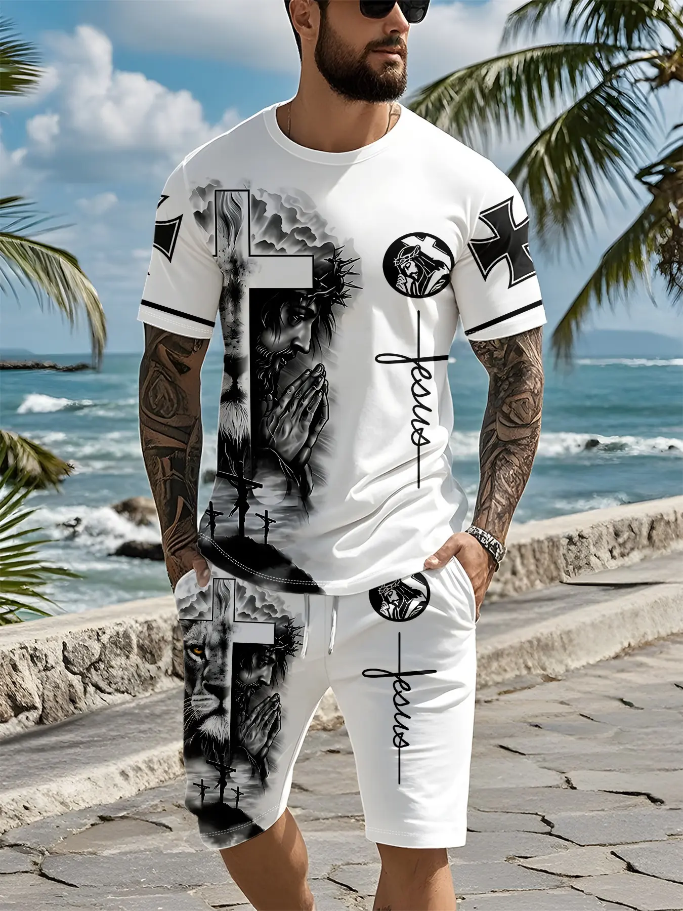 Two-piece set with 3D digital print featuring sketch lion portrait and cross totem on pure white background, 2Pcs, Menswear, trendy fashion suit, trendy vacation-style outfit, breathable sports casual style, a holiday gift