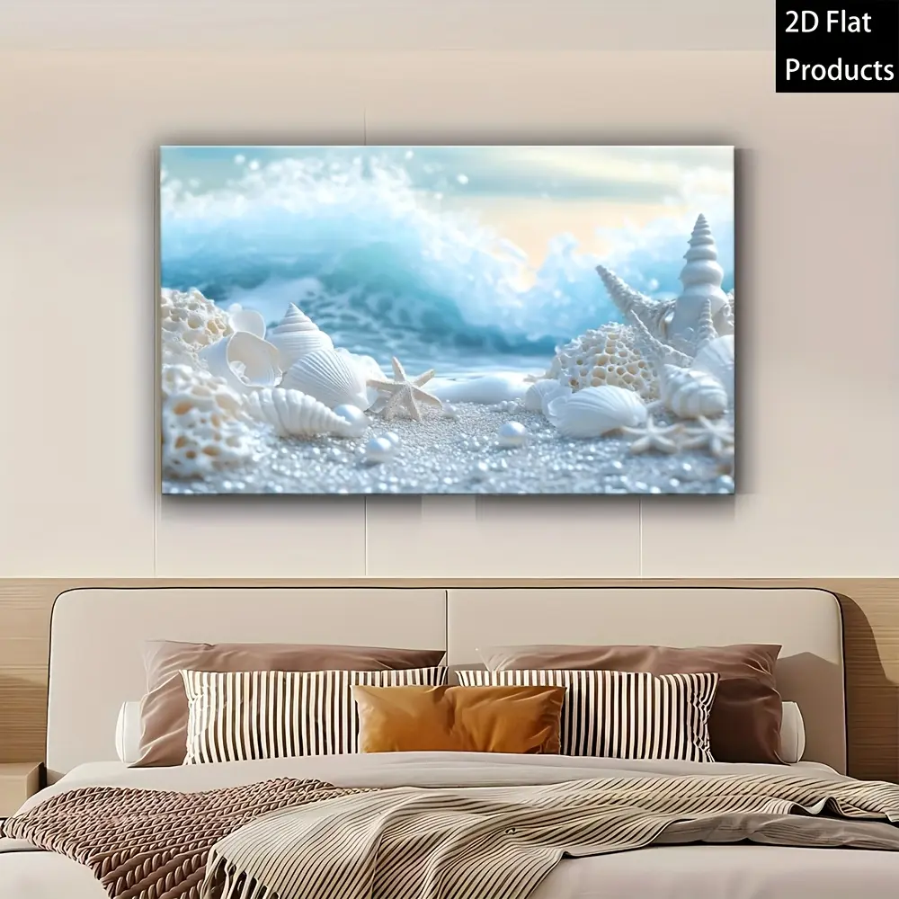1pc Handcrafted Wood Framed Seashells by the Shore Canvas Painting - Turquoise Blue & White Beach Wall Art, Coastal Living Room Decor, Framed Ocean Waves Picture, Canvas Wall Art, Wall Art With Frame Included, Framed Canvas Wall Art, Large Wall Art, Large