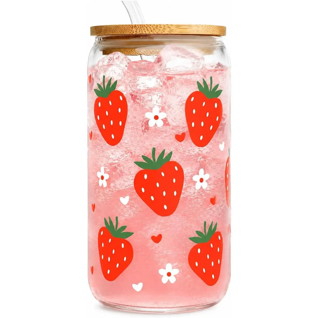 Strawberry Cup - 16oz Glass Coffee Cups with Designs -  Strawberry Tumbler for Women - Aesthetic Mug for Birthday - Floral Iced Latte Cup for  Coworkers
