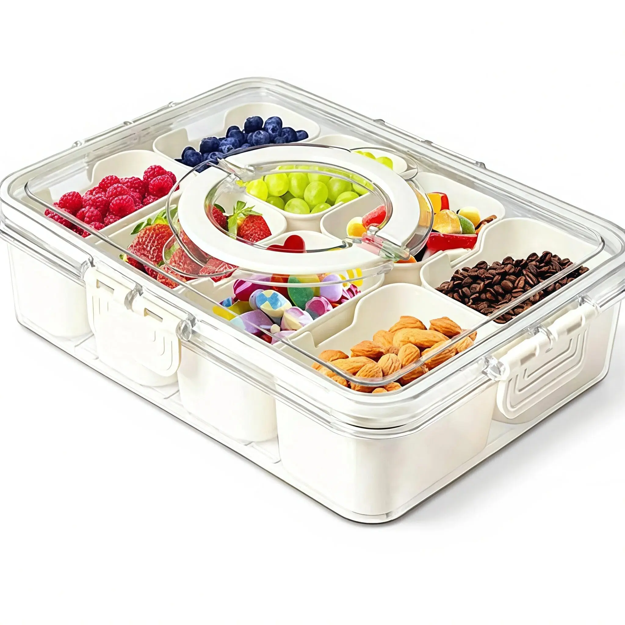 8-Compartment Snack Box with Lid and Handle, Multi Compartment Container, Portable Divider Tray for Fruits Nuts Snacks, Fruit Containers, Transparent Cooler Dish for Parties Picnics Travel