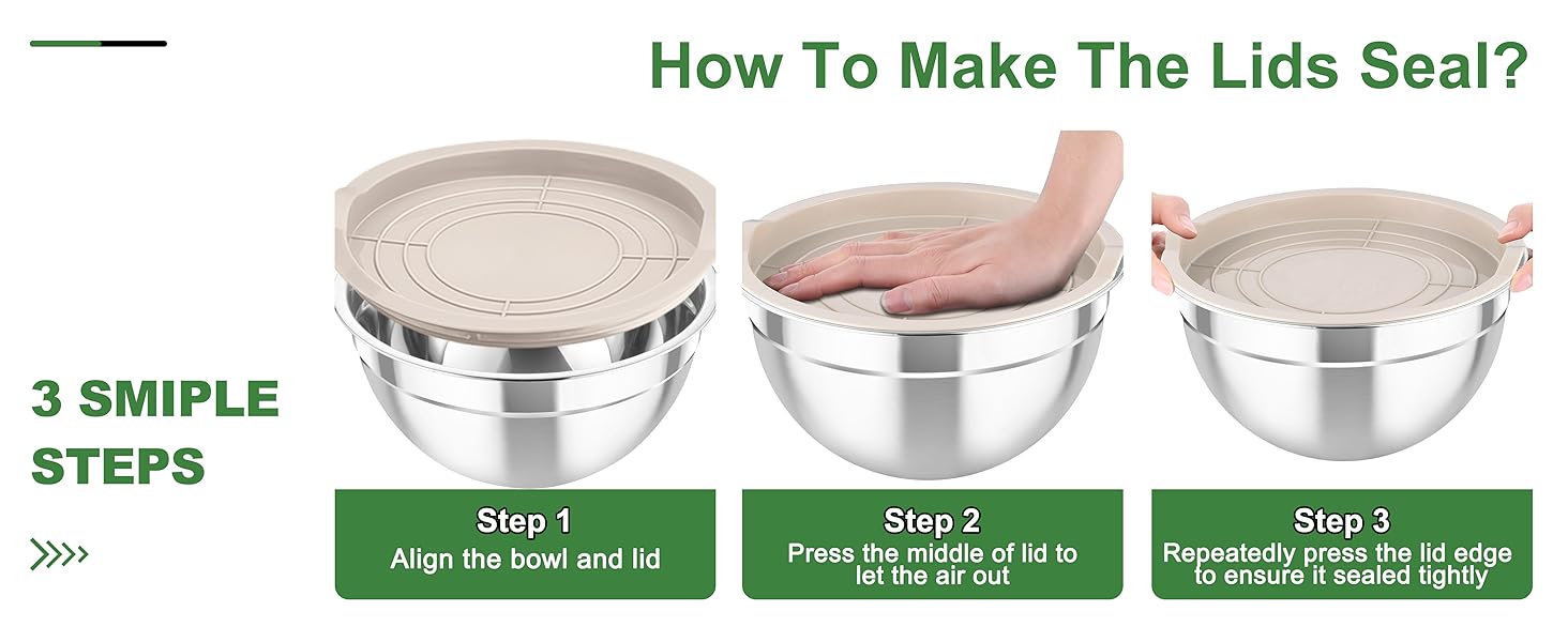 Mixing Bowls with Airtight Lids, 5PCS Stainless Steel Metal Salad Bowl with 3 Grater Attachments, for Cooking, Prepping, Serving, Healthy & Easy Clean - 0.7/1/1.5/2.6/4.6QT, Khaki