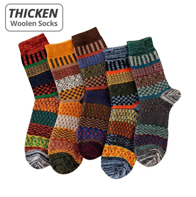 5-Pack Men’s Thick Wool Winter Socks - Retro Colorful - Perfect for Snow Boots EU 38-44